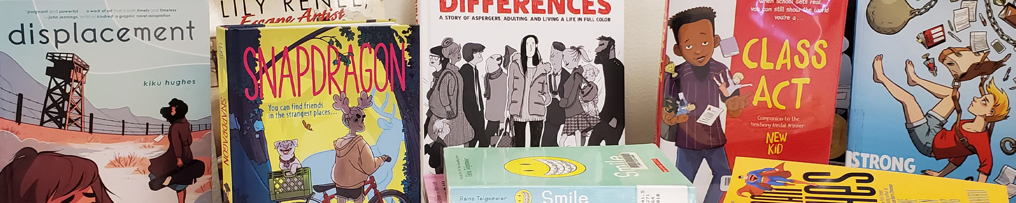 various K-12 comics- Displacement, Smile, Class Act, Snapdragon
